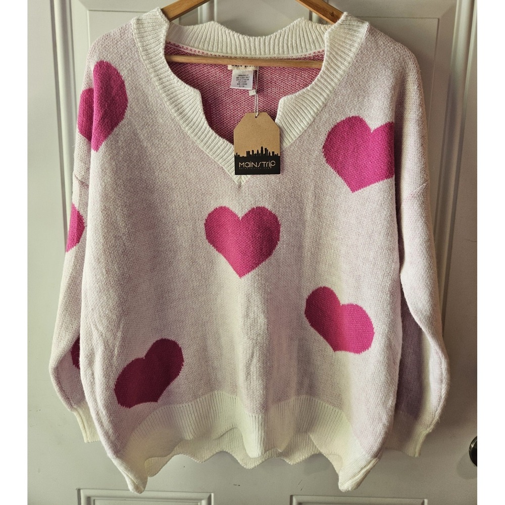 Main Strip Womens Heart Sweater Small Pink White V Neck Oversized Soft NWT...